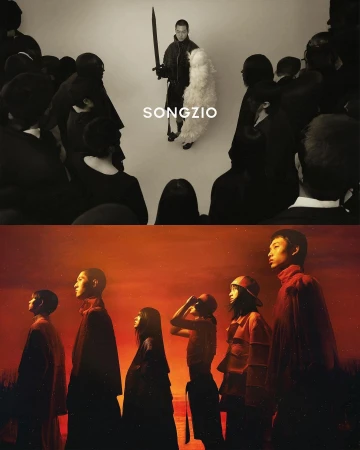 Fashion editorial composite of a man with a sword and faux fur in front of audience, with a second image of group in red.