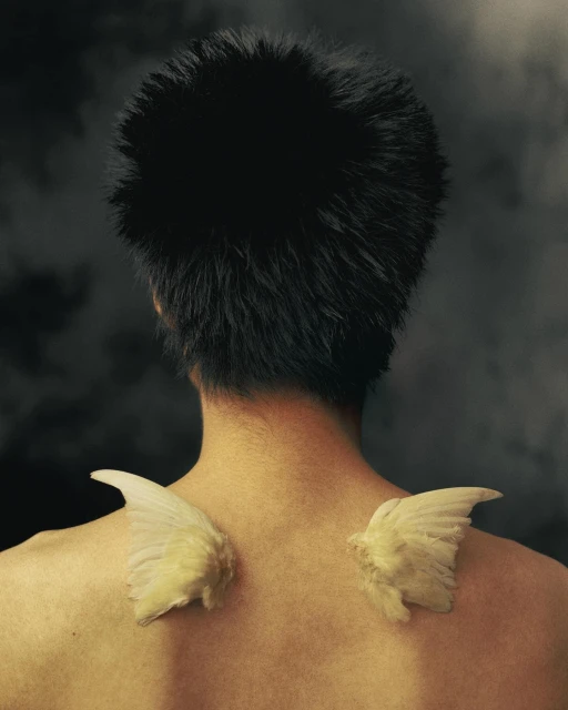 Rear view of a person with dark hair and tan skin featuring two small, white, textured wings attached to the upper back; dark background.