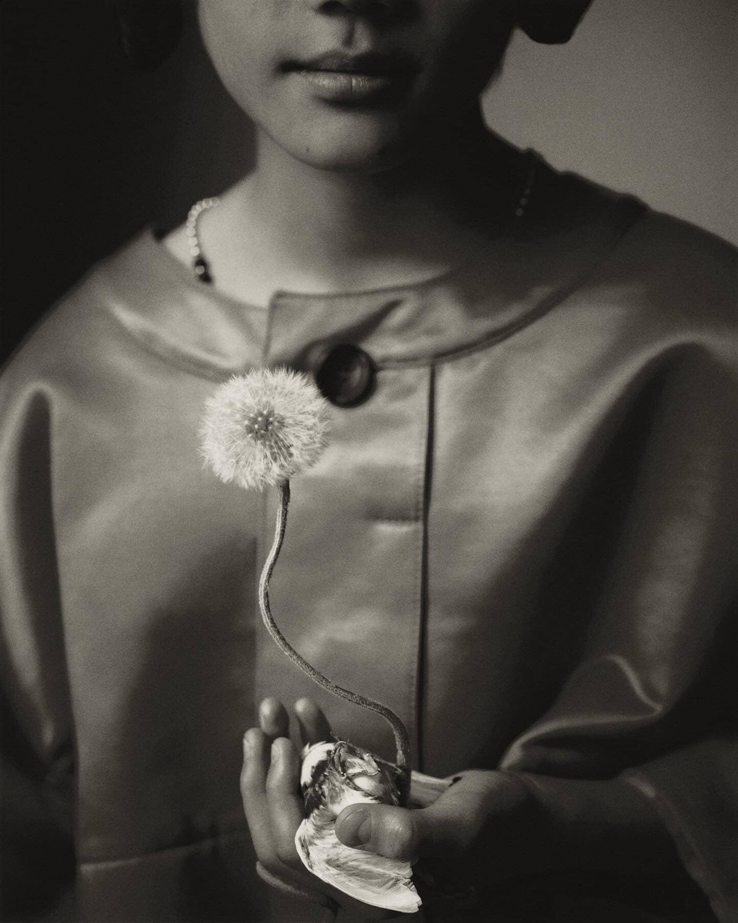 Young person holds a dandelion and dead bird indoors in a black and white photograph with an eye-level angle and shallow depth of field.