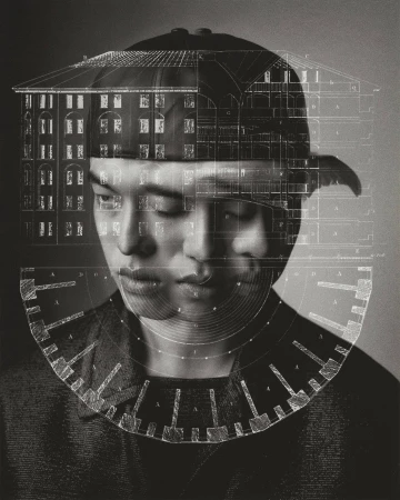 Monochrome portrait of a person wearing a cap, with architectural blueprint overlays and a serious facial expression in a studio setting.