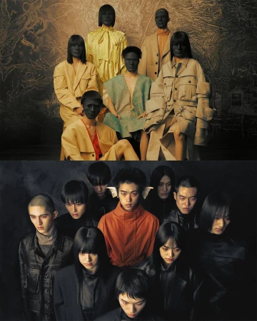 Group of Asian models in stylized clothing, posing against a dark backdrop in a studio fashion photography composition with creative makeup.