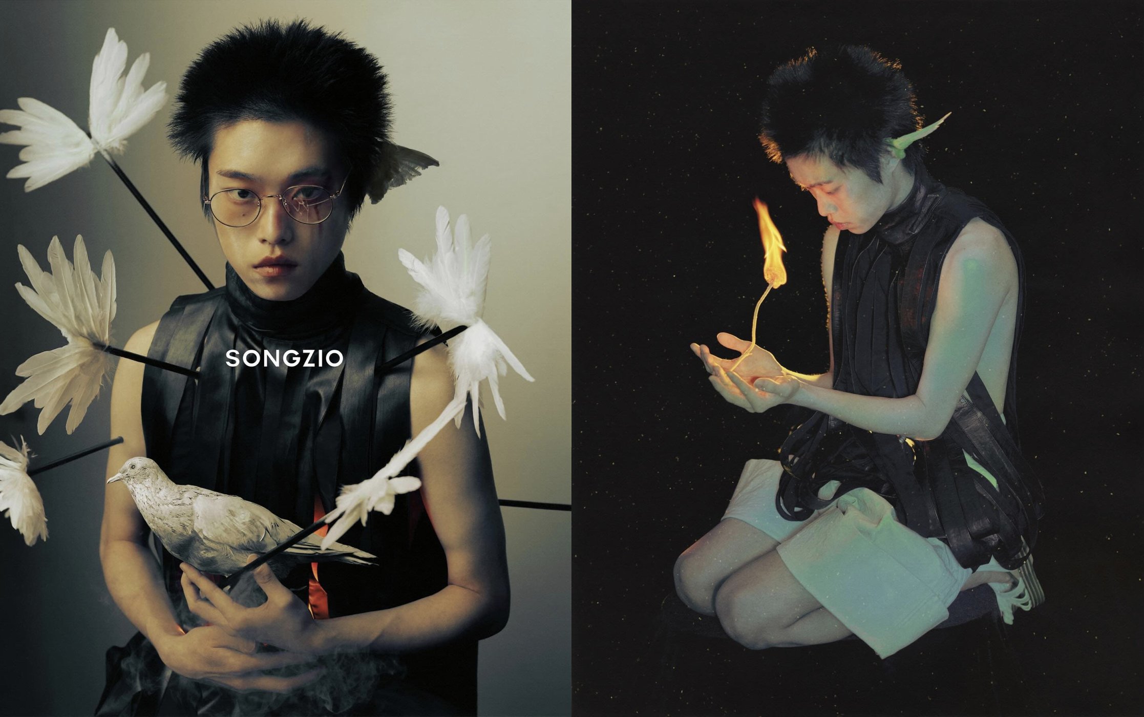 Conceptual fashion shot of a person holding a dove with feather arrows and then a single flame in two contrasting studio scenes.