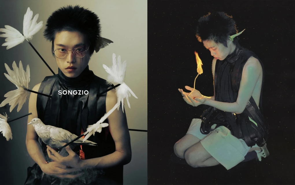 Conceptual fashion shot of a person holding a dove with feather arrows and then a single flame in two contrasting studio scenes.