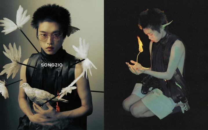 Conceptual fashion shot of a person holding a dove with feather arrows and then a single flame in two contrasting studio scenes.