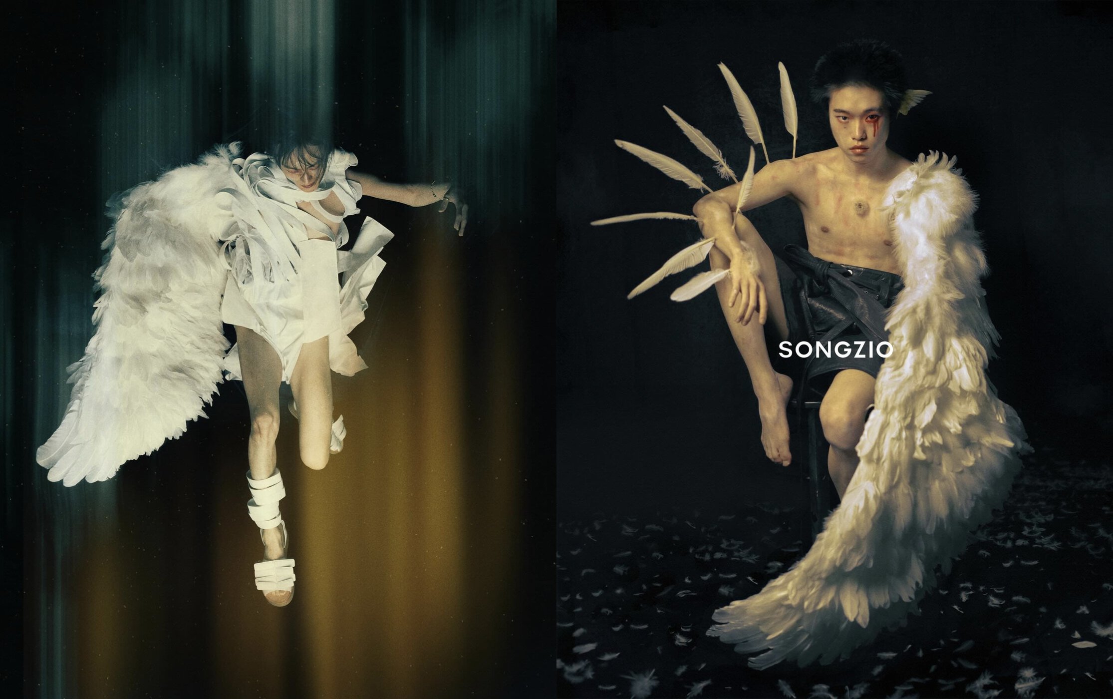 Two young adults, one on each side of the frame, wearing wing costumes and minimal clothing in a stylized fashion art photograph.