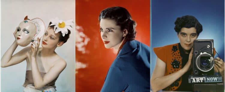 Three vintage photos of women: One poses with a mask and flower, another with a red backdrop, and the third holds a vintage camera.