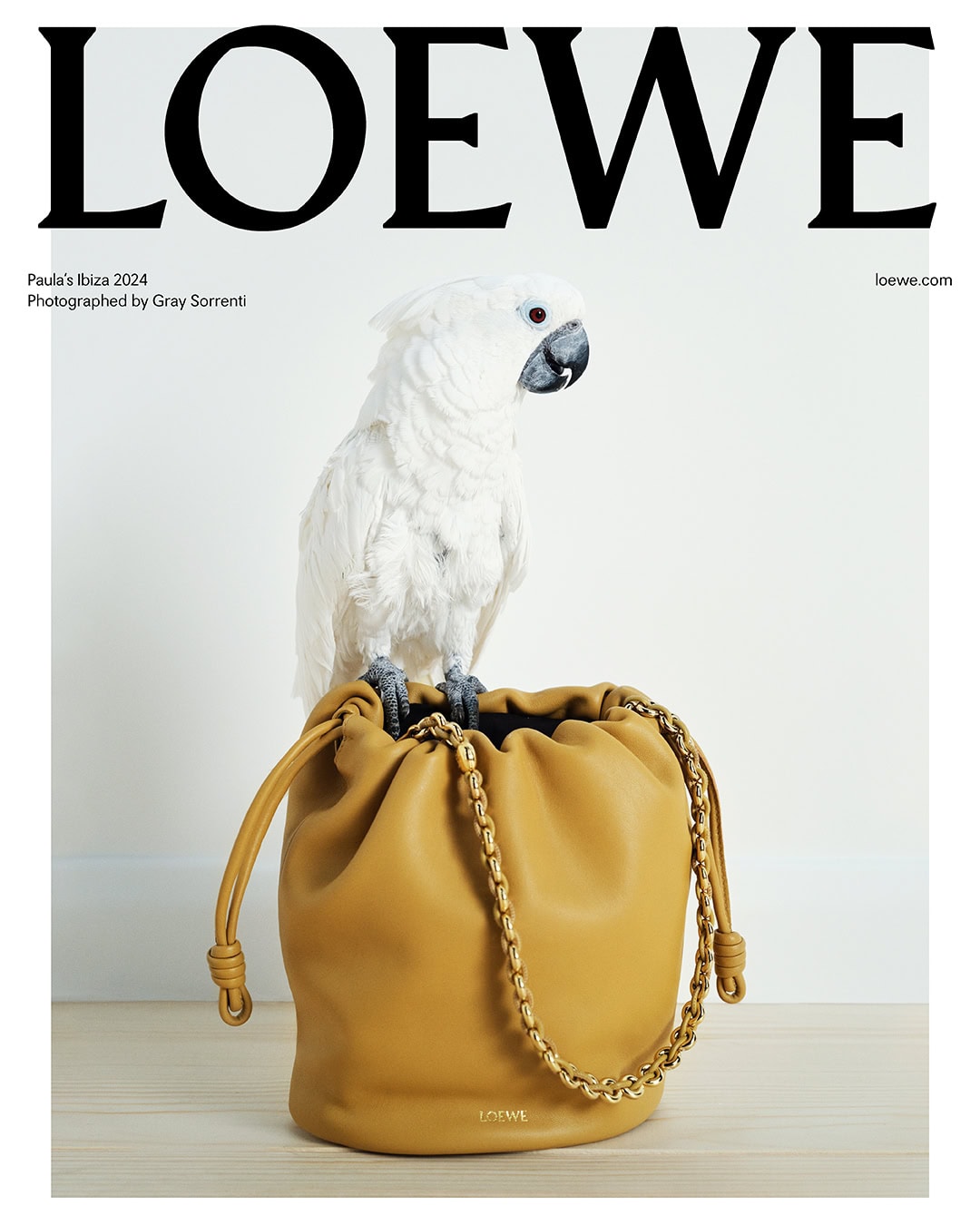 Loewe advert featuring a white parrot perched on a mustard yellow leather handbag with a chain, against a neutral backdrop.