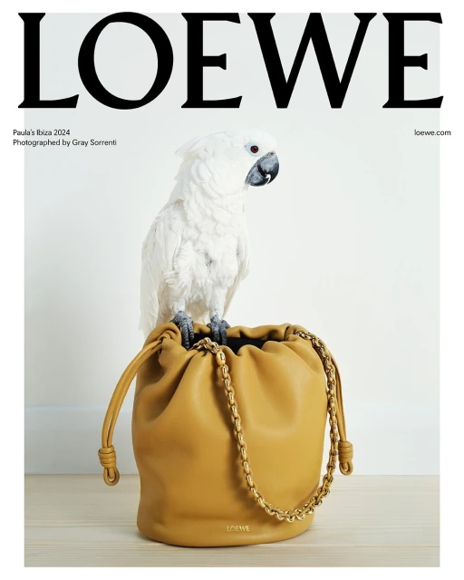 Loewe advert featuring a white parrot perched on a mustard yellow leather handbag with a chain, against a neutral backdrop.