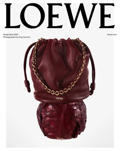 Loewe purse with a gold chain on top of a red cabbage against a white background. Fashion editorial shot for Loewe. 