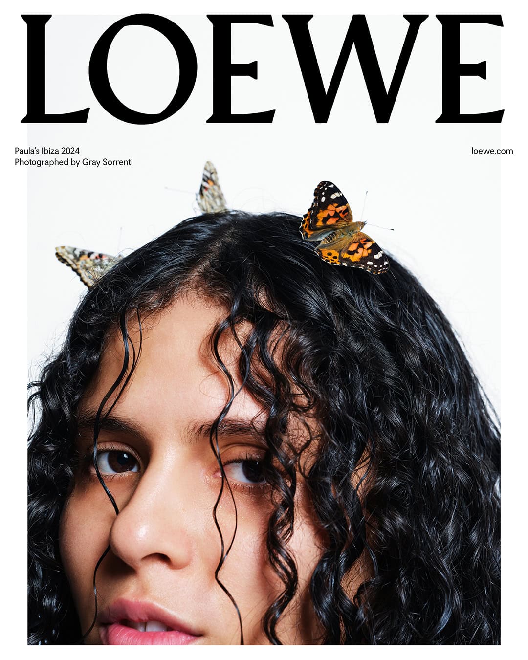 Fashion editorial image featuring a young woman with curly hair adorned with butterflies, promoting LOEWE Paula's Ibiza 2024 collection.