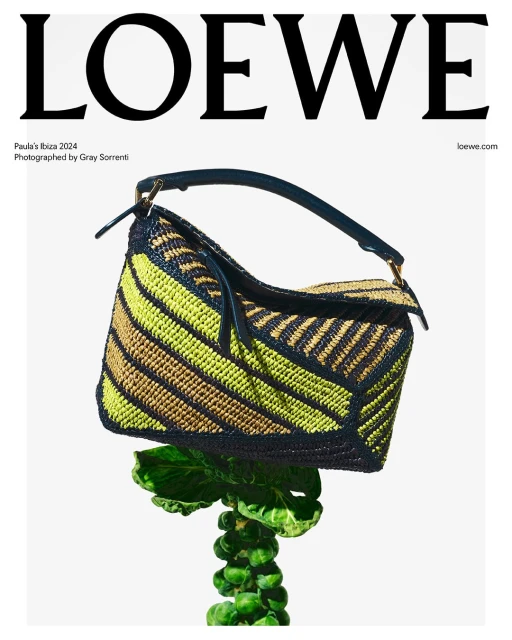Loewe handbag in yellow and navy material atop a brussels sprout stalk against a white backdrop in a studio product shot.