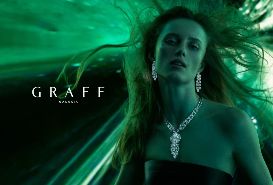 A striking jewelry advertisement showcases a model wearing diamond earrings and a necklace, complemented by an emerald-green background.