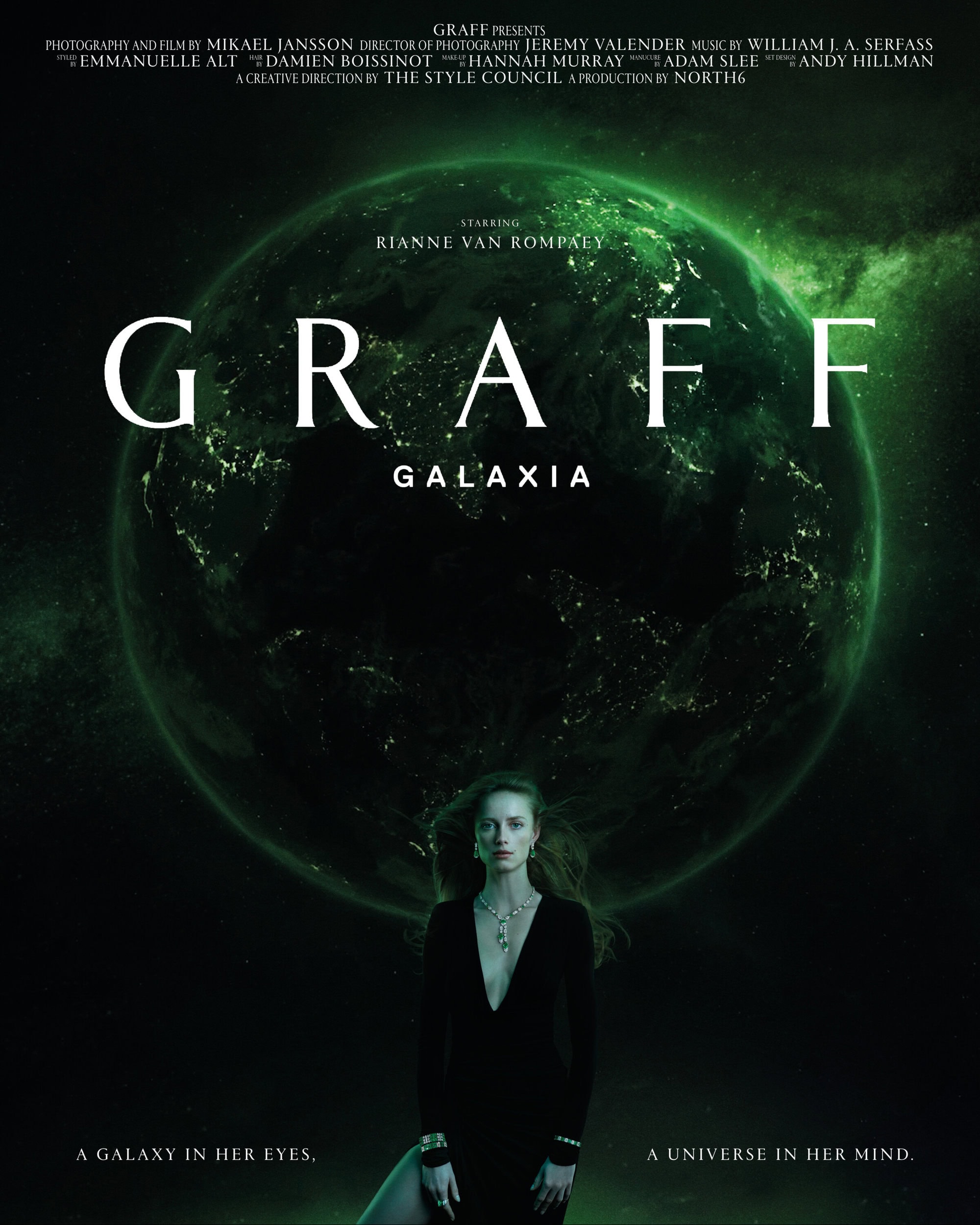 Woman poses in GRAFF Galaxia advertisement with a planet in the background. She wears a black dress and jewelry.