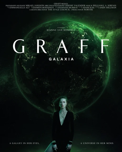 Woman poses in GRAFF Galaxia advertisement with a planet in the background. She wears a black dress and jewelry.