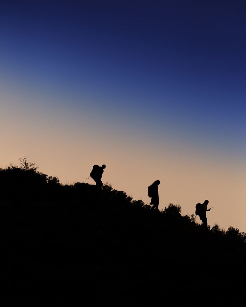 Silhouetted hikers ascend a dark hillside against a gradient sky of blue and peach hues, with vegetation framing the climb.