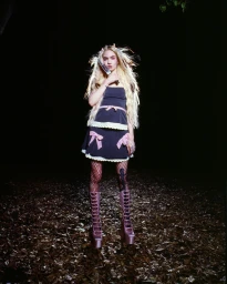 Grimes holding a knife wearing a black dress and platform boots in a dark forest setting for Heaven by Marc Jacobs.