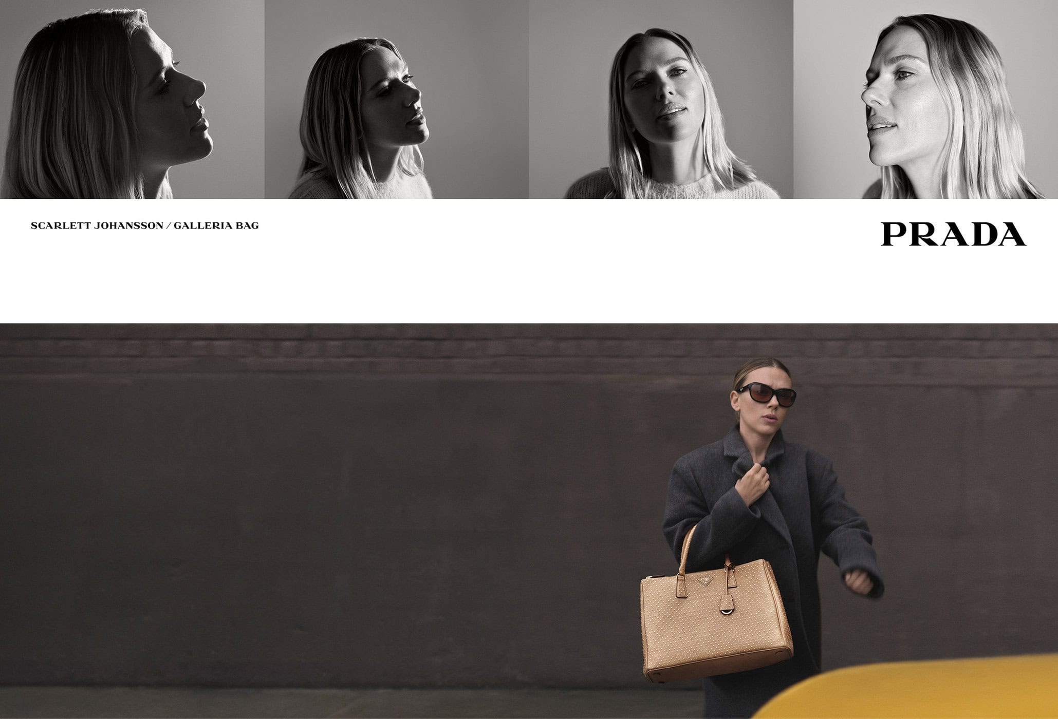 Fashion ad featuring Scarlett Johansson with a tan leather Prada Galleria bag against a dark wall, and black and white headshots.