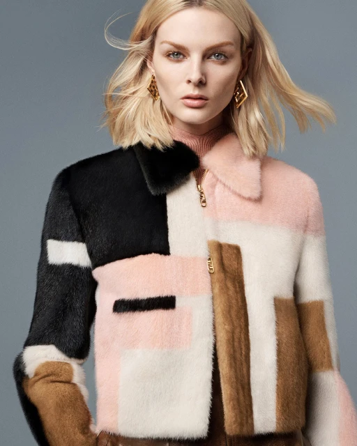 Blonde model poses in a color-blocked jacket with a zipper, light pink turtleneck, and gold earrings against a solid grey backdrop.