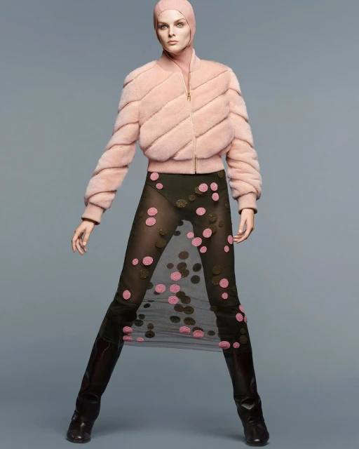 A fashion model poses in a pink jacket, olive green bodysuit and black boots against a neutral backdrop in a full-length shot.