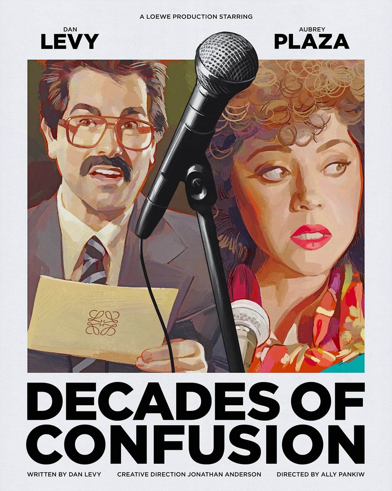 Illustration featuring Dan Levy, Aubrey Plaza, and a microphone, with text "Decades of Confusion". The style is reminiscent of vintage poster art.