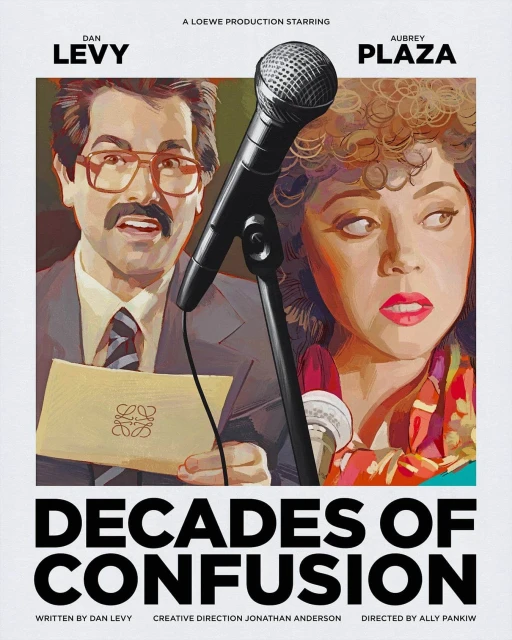 Illustration featuring Dan Levy, Aubrey Plaza, and a microphone, with text "Decades of Confusion". The style is reminiscent of vintage poster art.