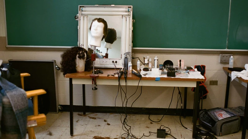 Hairdressing preparation scene indoors, featuring mannequin heads with wigs, a styling station, and scattered hair clippings on the floor.