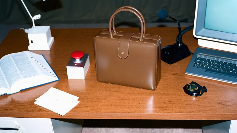 Brown leather briefcase on a wooden desk with vintage computer, books, lamp, push-button, and office props in a staged studio setting.