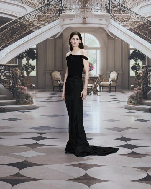 Elegant woman in off-the-shoulder gown poses in a grand marble hall with a curving staircase and ornate chandelier, fashion editorial.