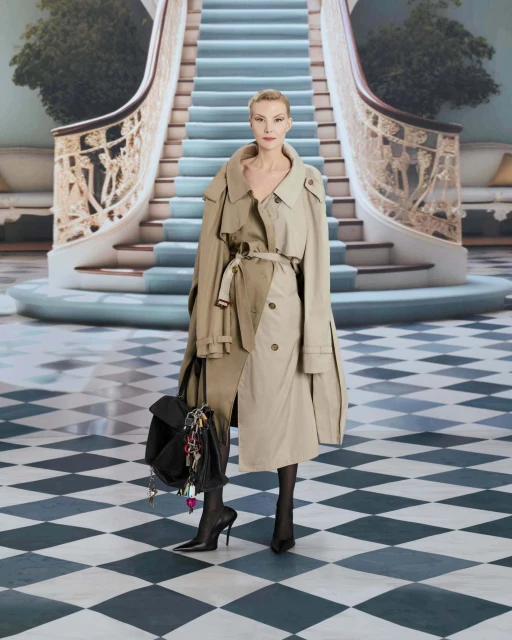 Fashion shot of a slender woman wearing a tan trench coat, carrying a black purse, standing in front of stairs on a checkered floor.