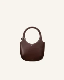 Dark brown leather shoulder bag with circular handle and silver buckle against plain cream background
