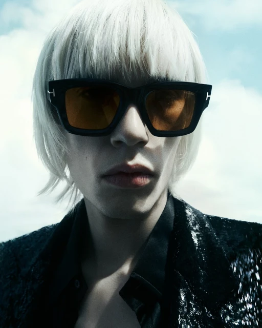 Close-up of an adult with platinum blonde hair, wearing dark sunglasses and a sequined jacket with a sky background.