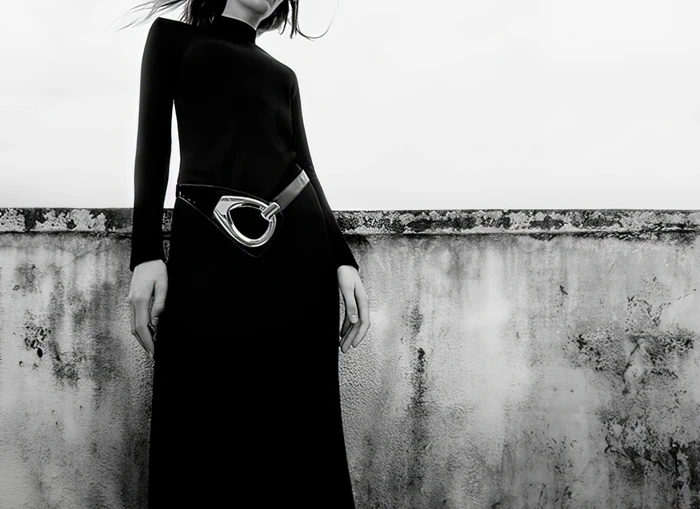 Model wearing a long black dress with a sculptural metallic buckle belt standing against a textured concrete wall.