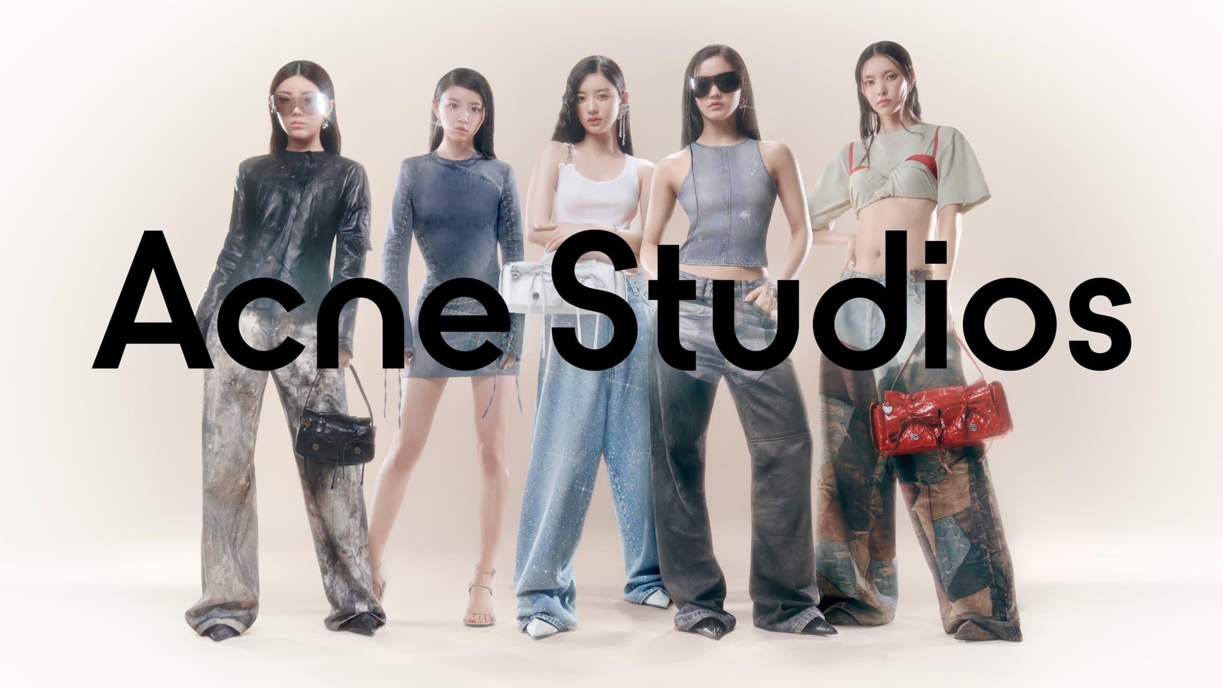 Five Asian women pose indoors against a pale background wearing various fashion outfits and carrying handbags, with "Acne Studios" overlaid.