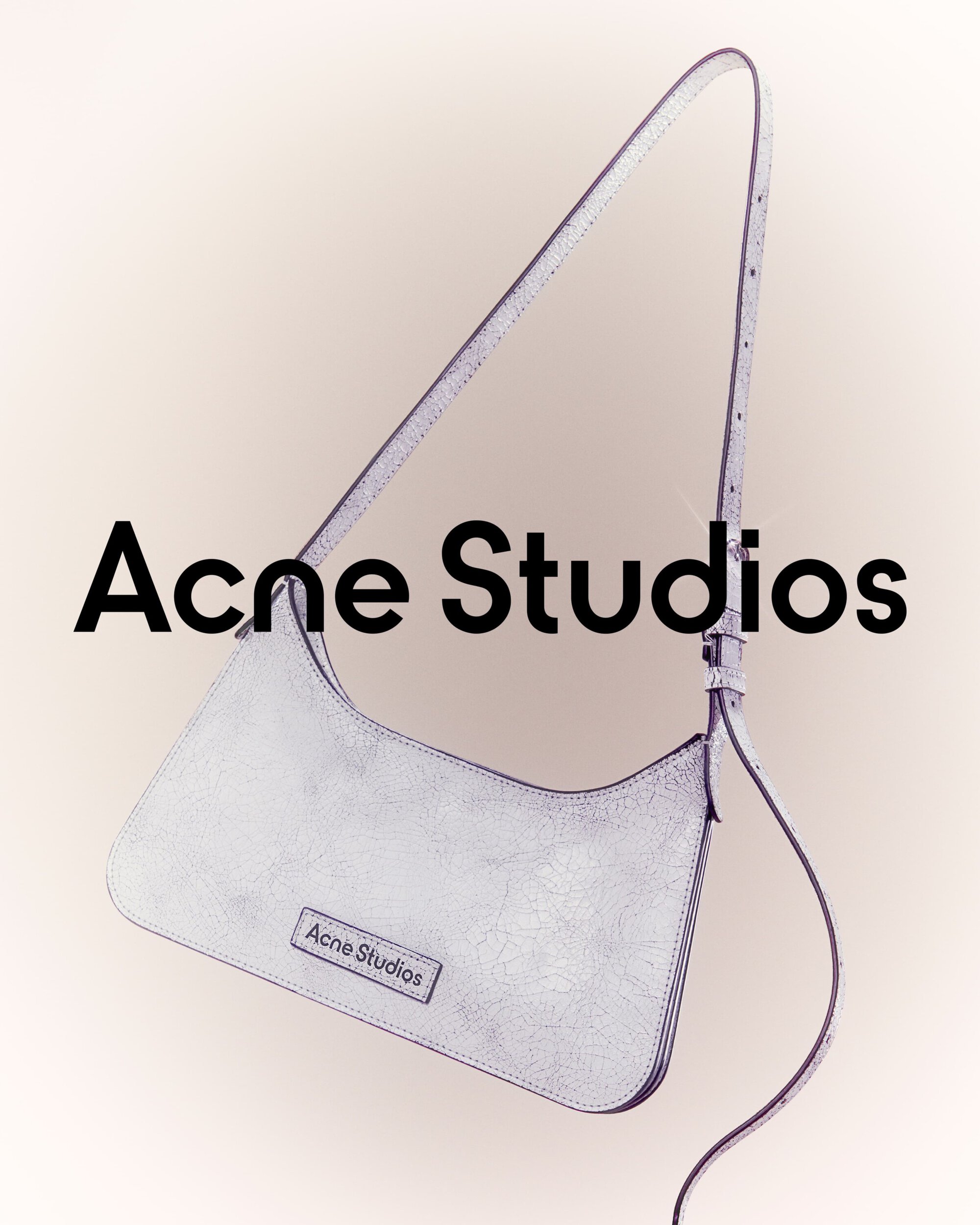 Acne Studios purse in a studio shot. Silver-toned leather purse with the brand logo shown on the front and in the backdrop.