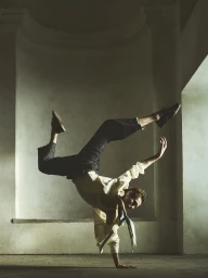 Male model performing a handstand freeze in an architectural interior for Zara spring campaign