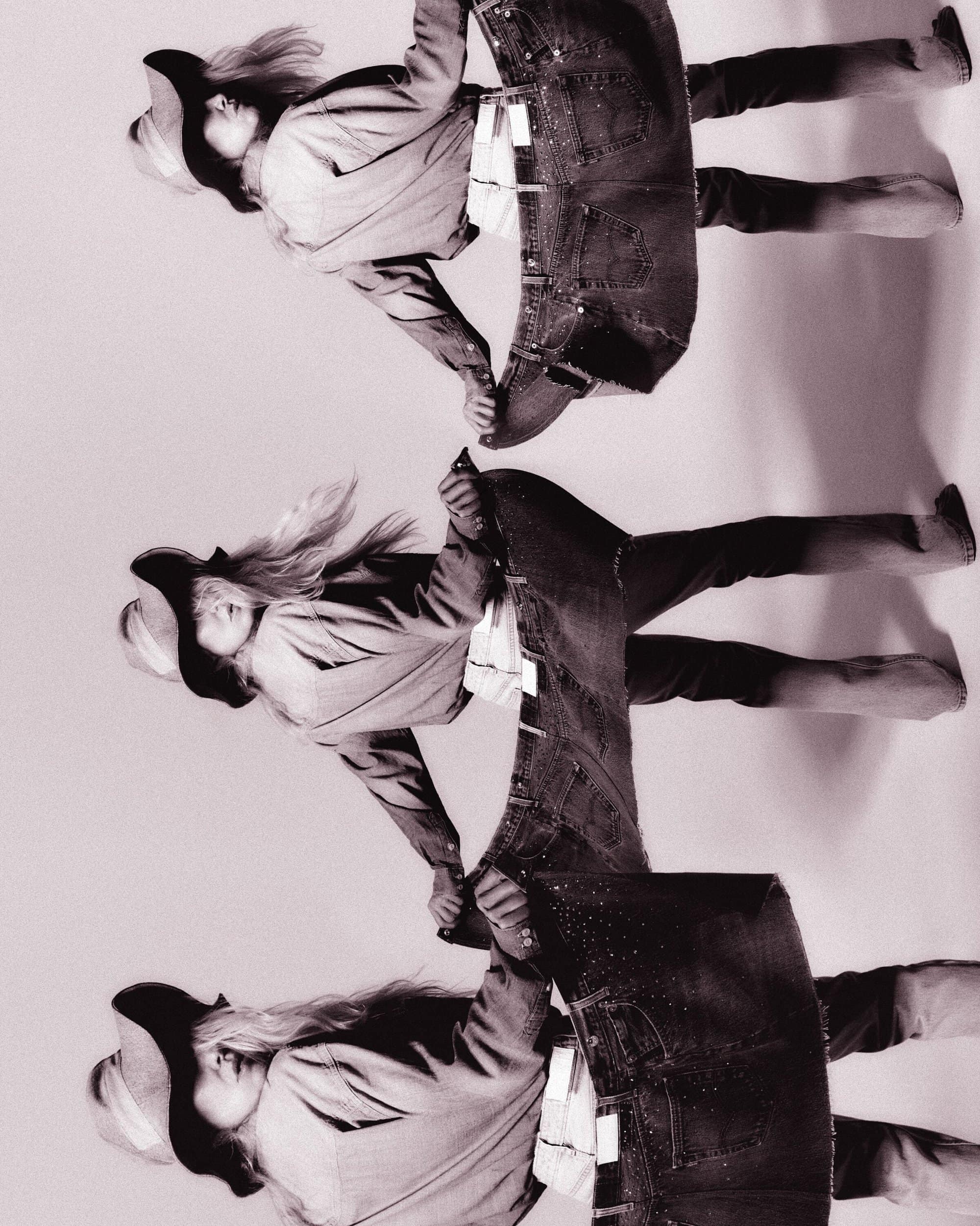 Multiple views of a woman in cowboy hat holding jeans with a monochromatic vintage filter, creating a stylish and unique fashion statement.