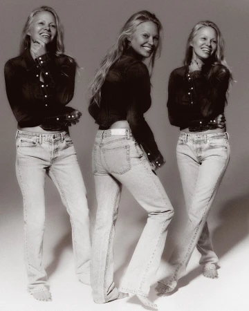 Multiple exposures show a woman smiling in a black button-down shirt and light-wash jeans against a neutral studio backdrop.
