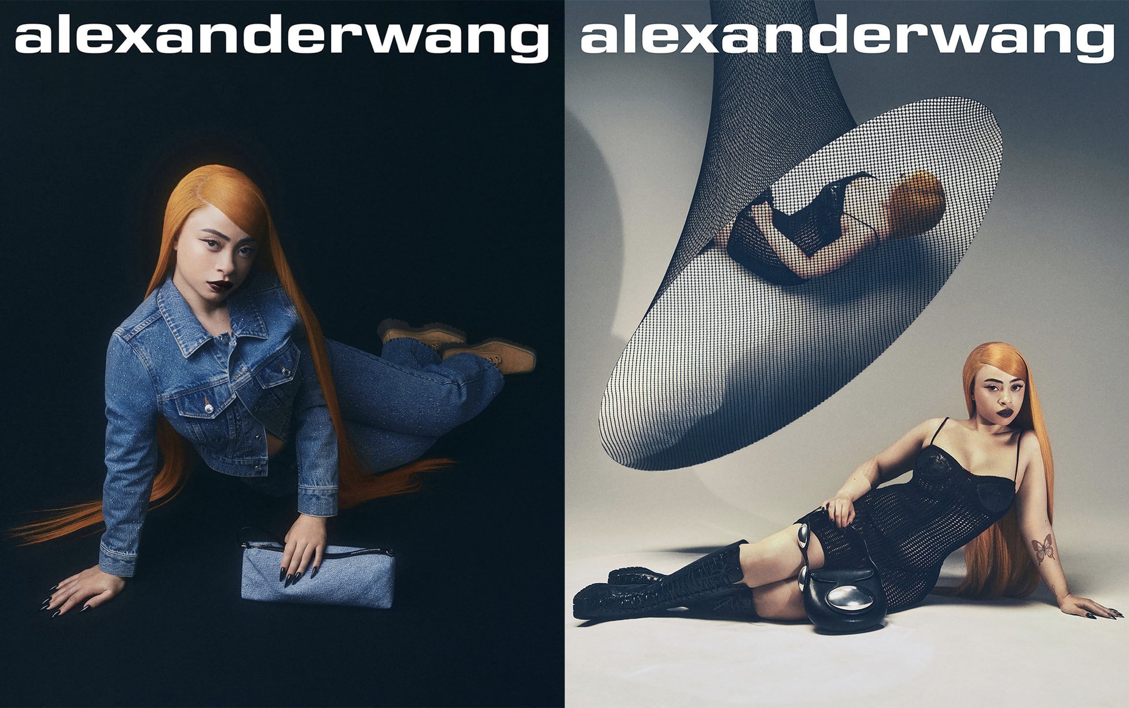 Fashion shoot of an adult woman with long orange hair wearing a denim jacket and jeans with a denim purse on a black background.
