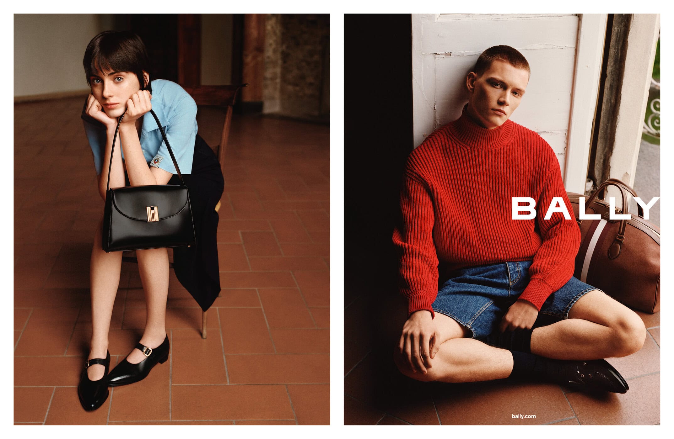 Two fashion models pose in a studio setting for a Bally advertisement. One is seated with a bag, the other sits cross-legged.