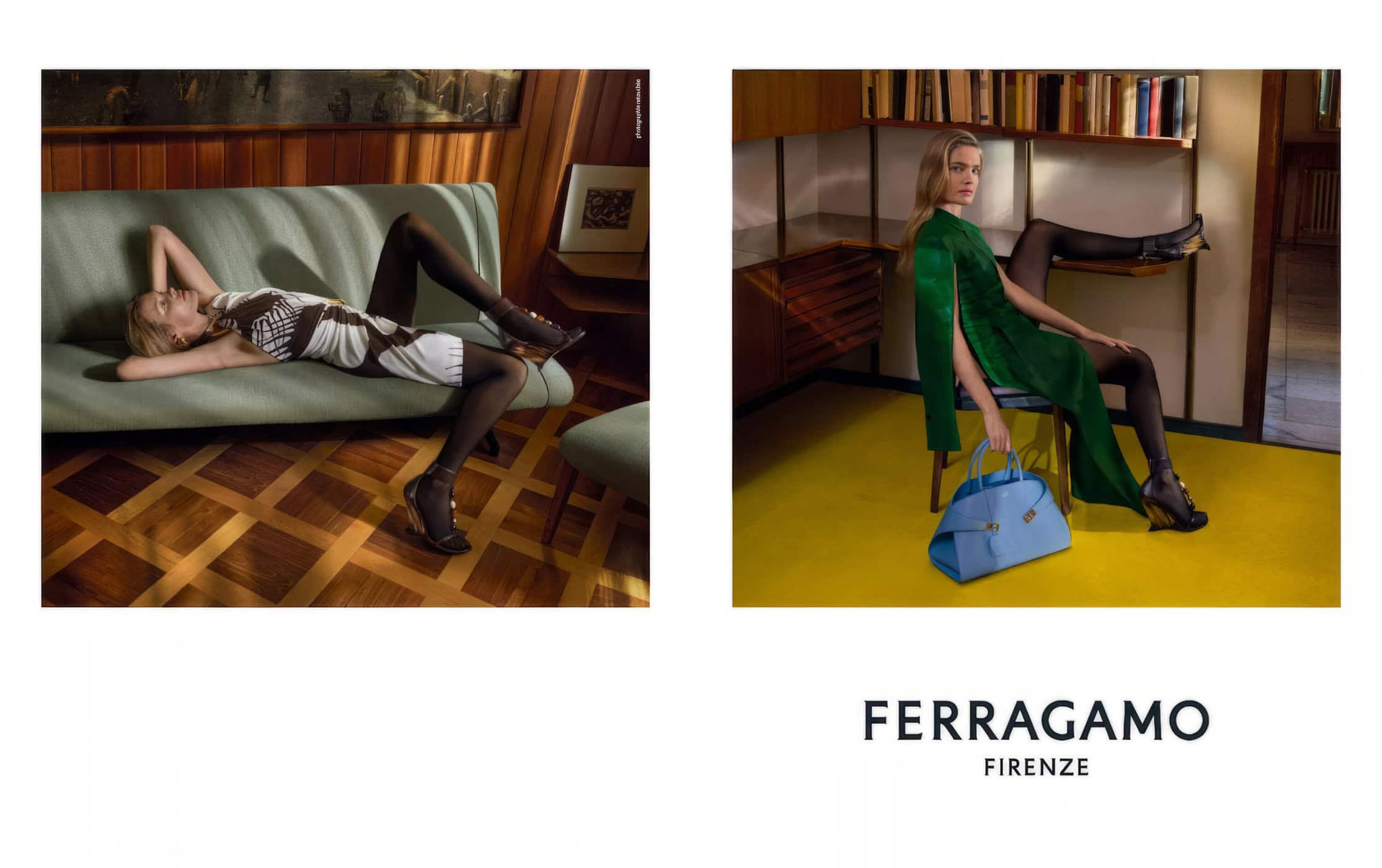 Two photos of a fashion model wearing a dress and heels, and sitting on a couch and chair, promoting Ferragamo fashion.
