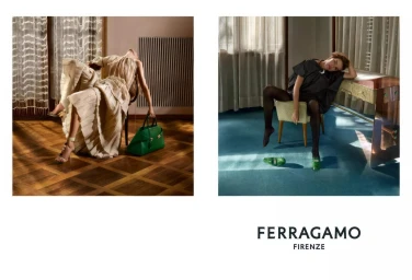 Ferragamo Spring 2024 campaign editorial featuring models in indoor room settings with luxury handbags and apparel