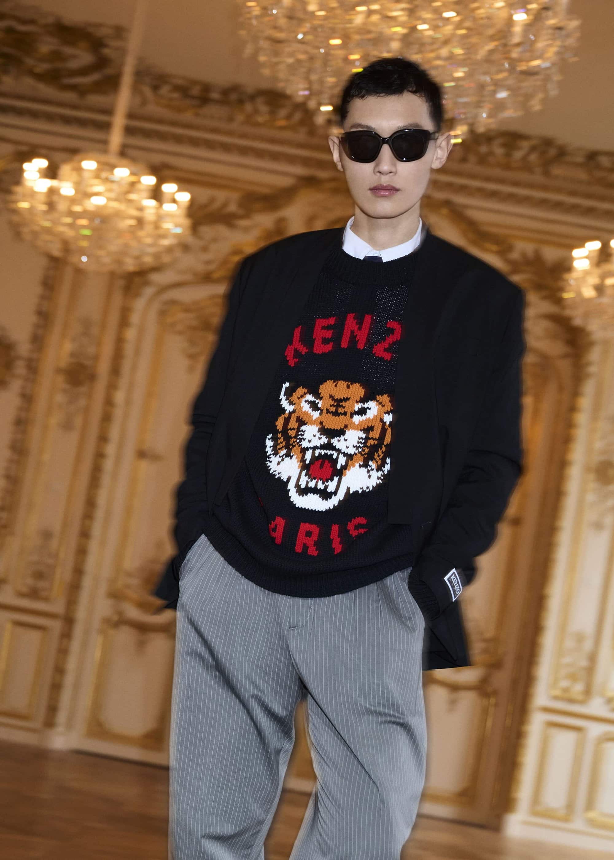 Adult male with dark hair and sunglasses wears a Kenzo sweater with a tiger graphic and gray striped pants against an ornate background.