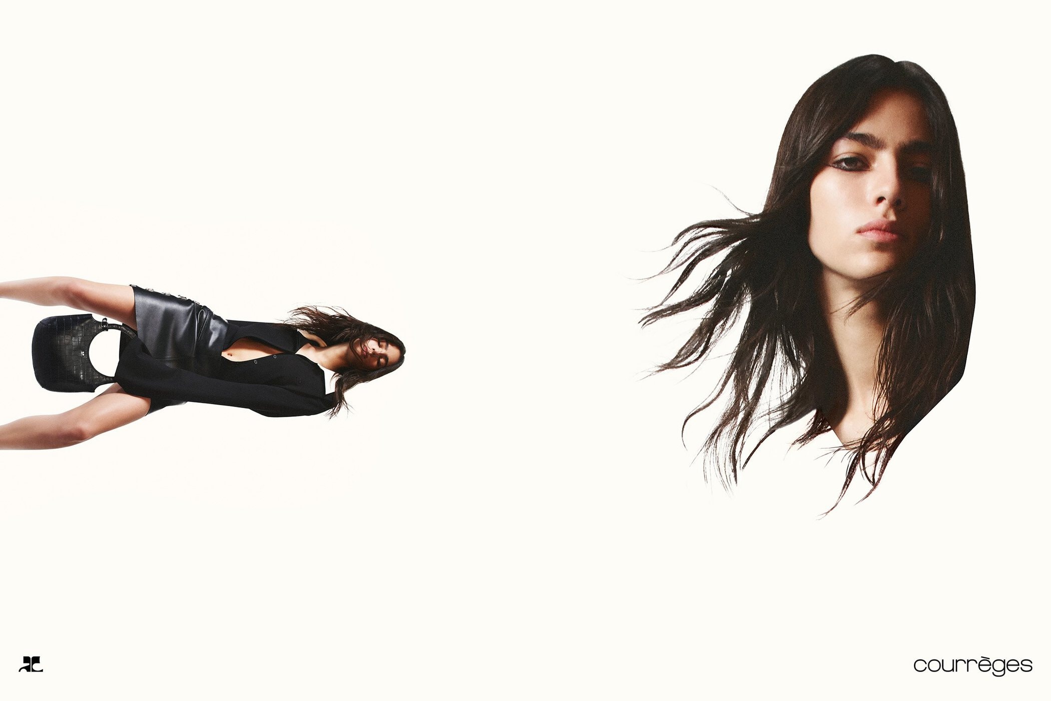 Model portrait and reclining figure in black clothing against a clean white background for Courreges Spring 2024 campaign