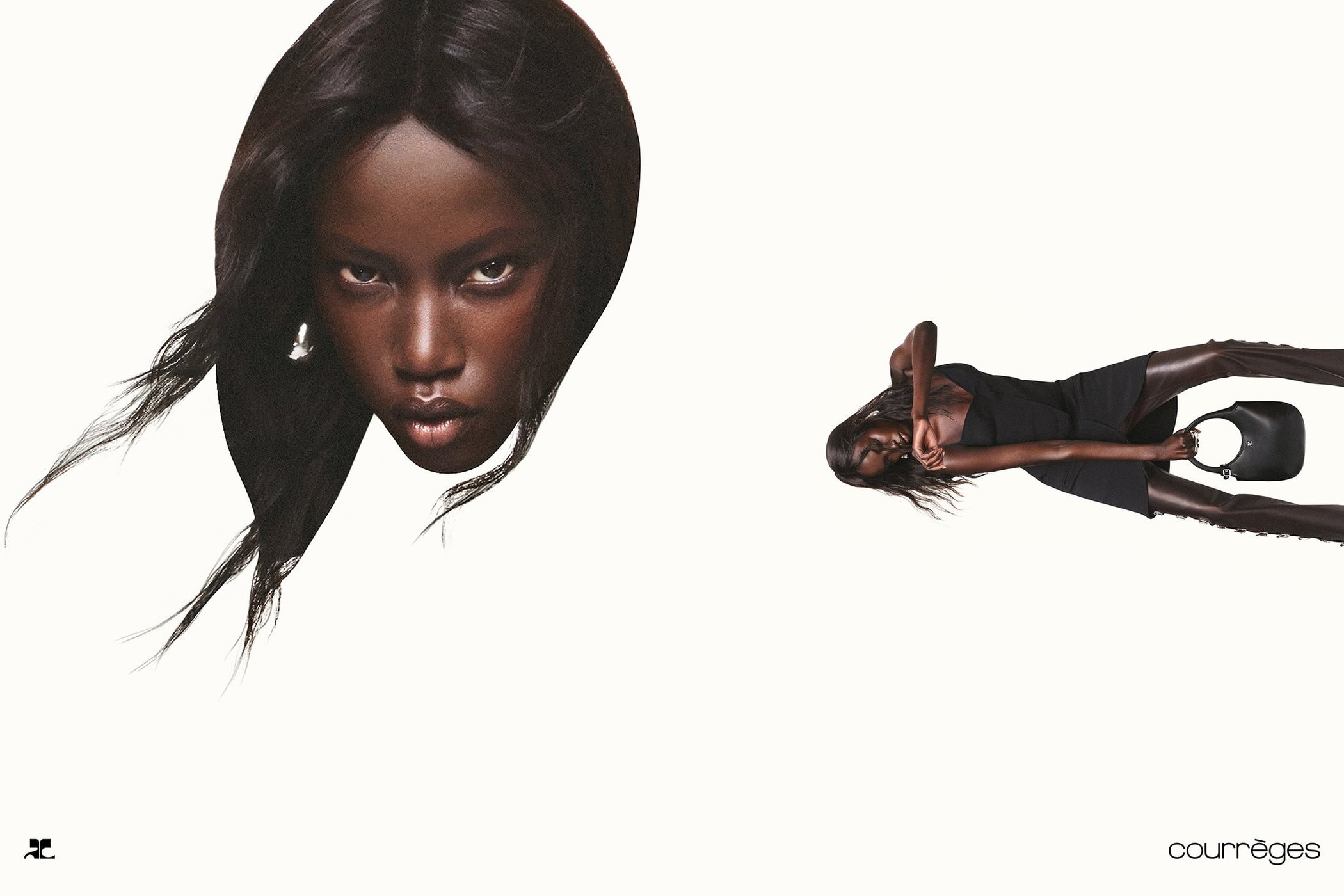 Fashion-forward shot featuring two adult female models, one reclining in a black dress with a black purse, and a close-up headshot.
