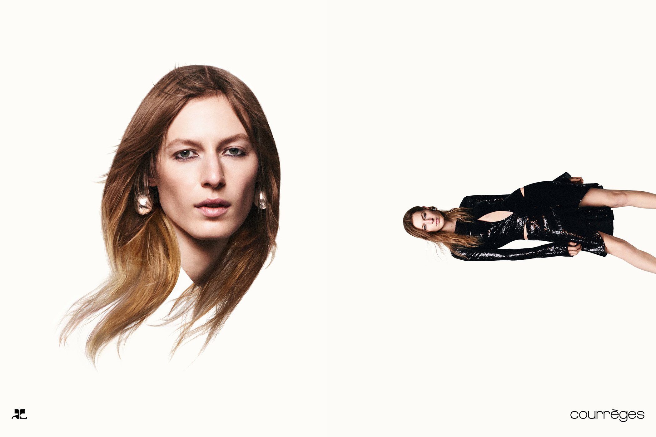 Model portrait and reclining full-body shot against a stark white background for Courreges Spring 2024 campaign