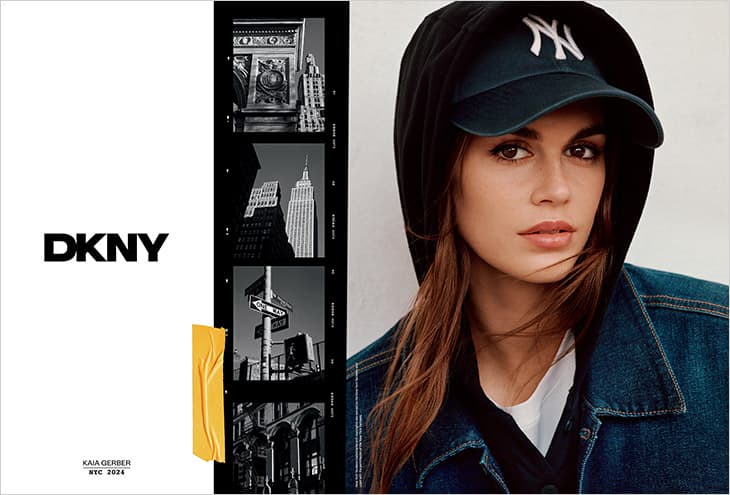 DKNY ad featuring a woman in a hooded jacket next to black and white images of NYC architecture and street signs on a white background.