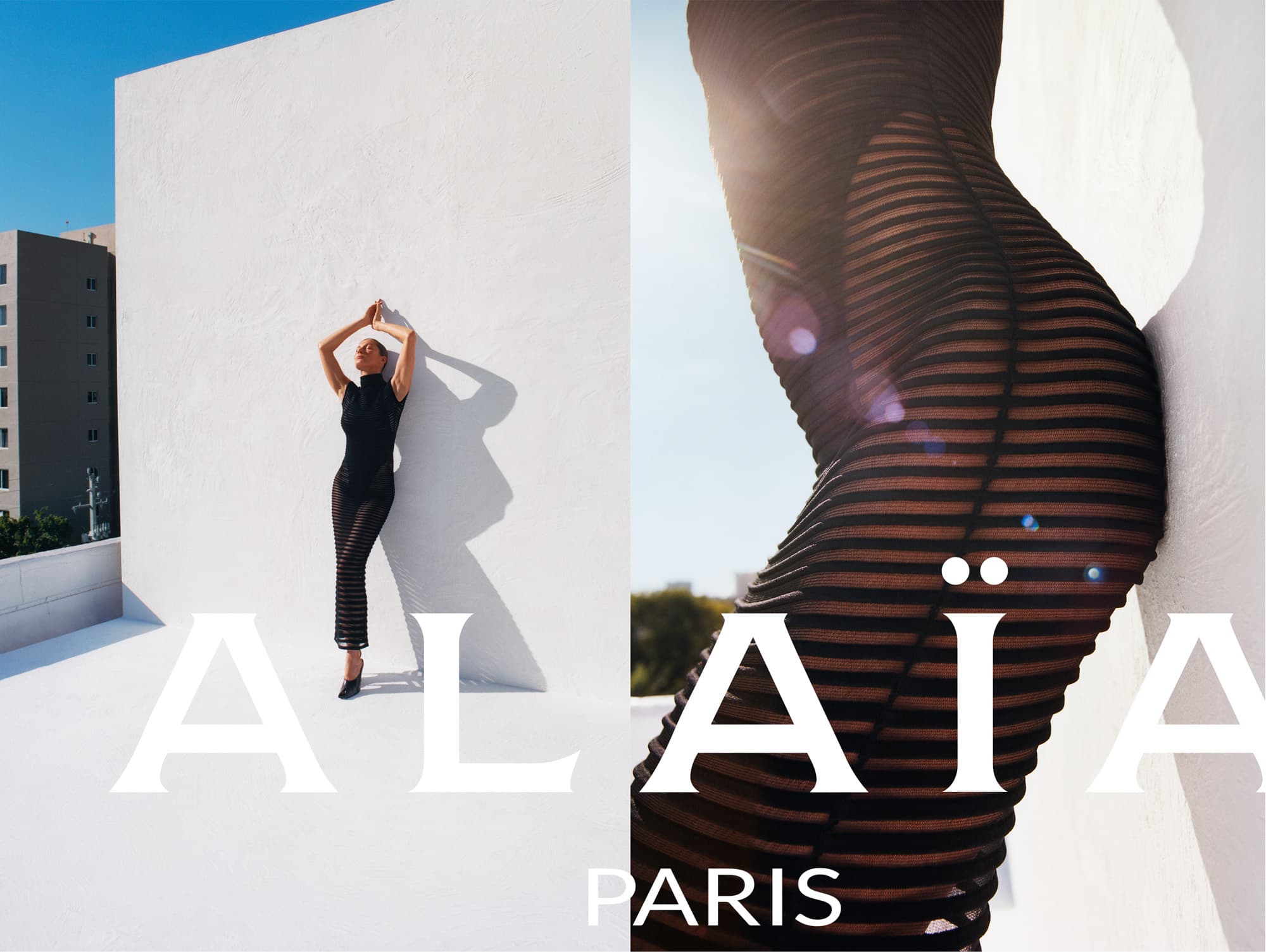 Fashion shoot featuring a woman in a black dress posing against a white wall under a bright blue sky, highlighting architectural details.