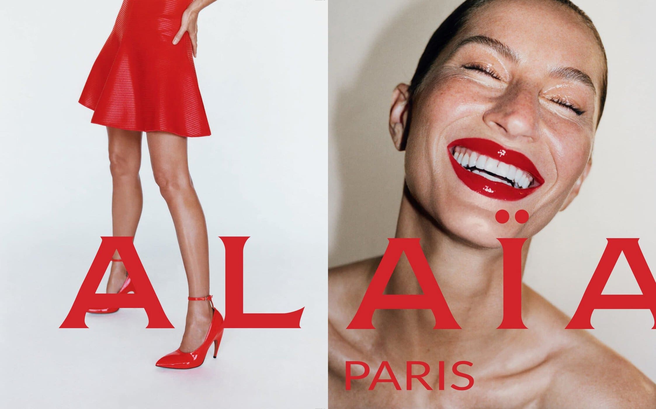 Fashion editorial featuring a smiling woman with red lipstick and a model in a red dress and heels, showcasing a brand logo.