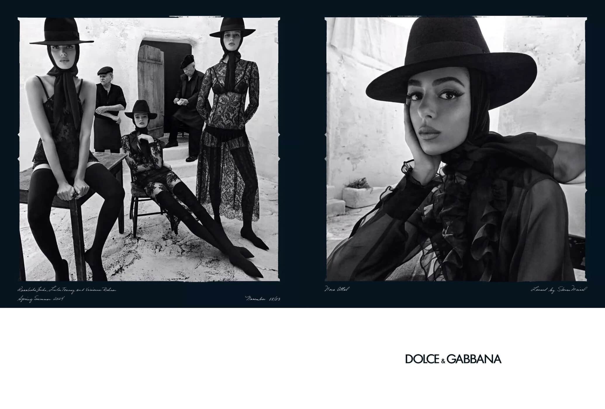 Dolce & Gabbana fashion ad showcases models in black lace dresses and hats in an outdoor setting with minimal color palette.