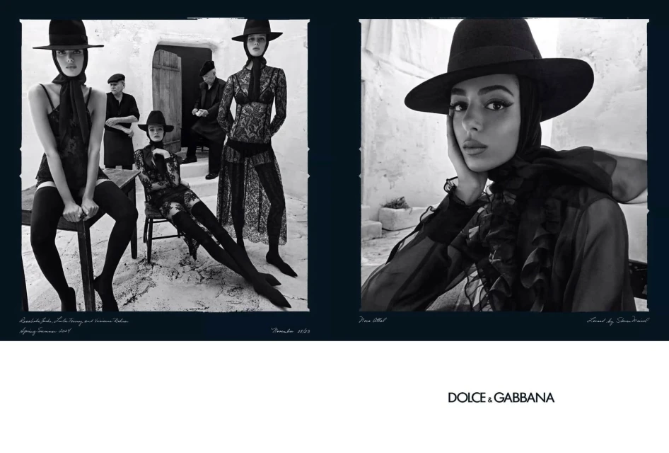 Dolce & Gabbana fashion ad showcases models in black lace dresses and hats in an outdoor setting with minimal color palette.